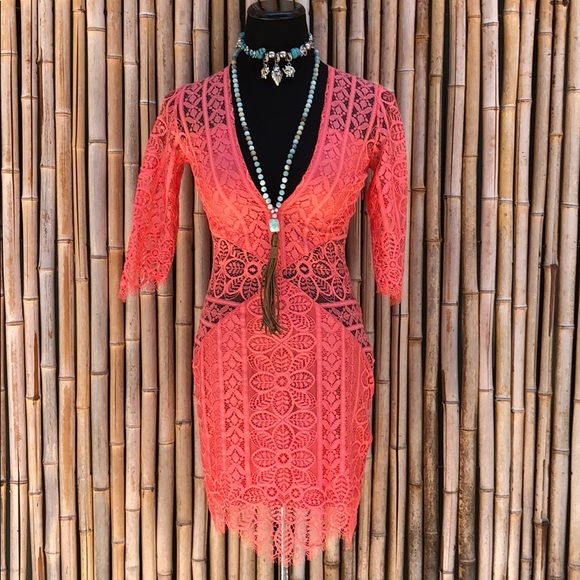 For Love And Lemons Dresses & Skirts - FOR LOVE AND LEMONS Coral Lyla Lace Mini Dress XS